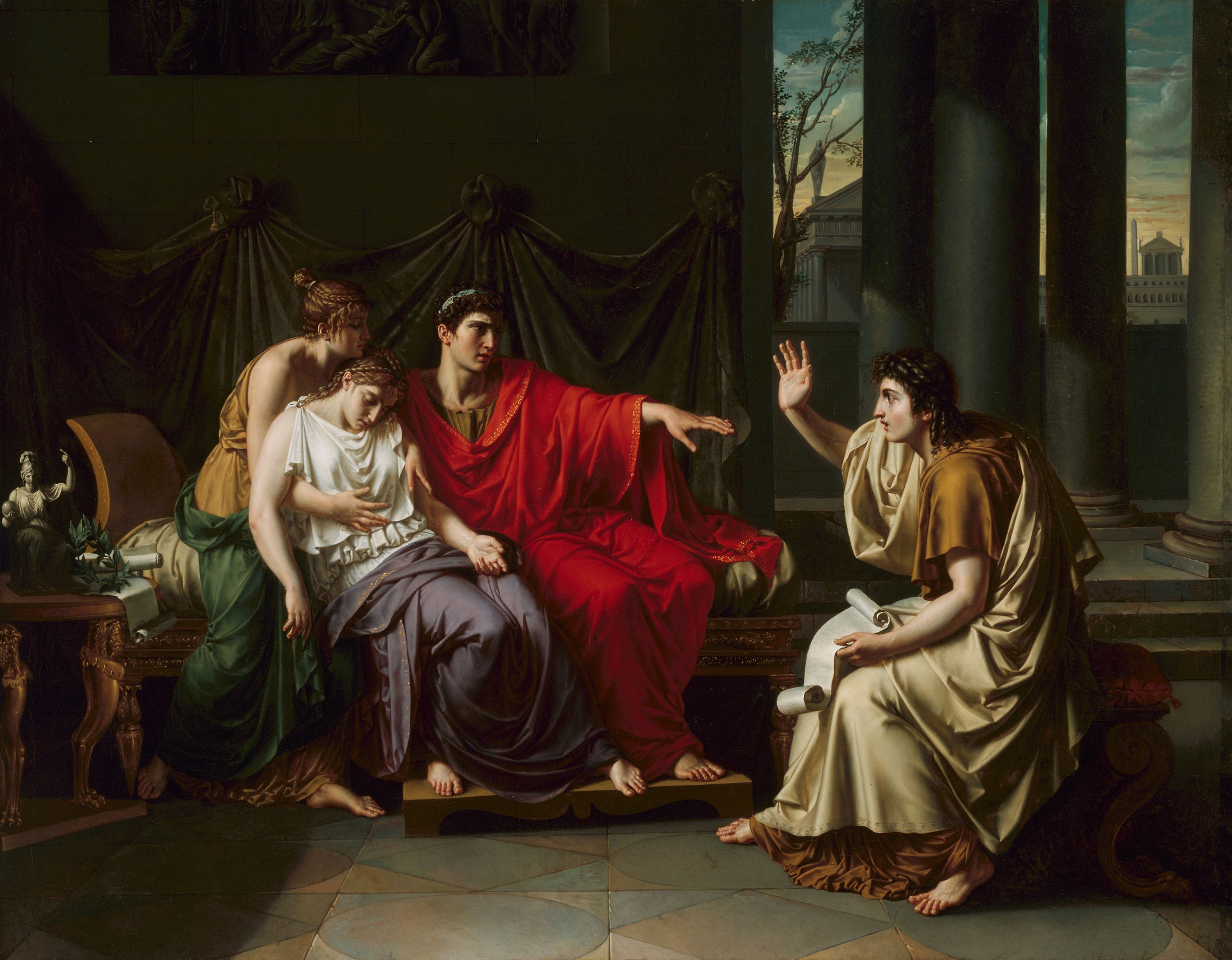 A realistic painting with four well lit figures in brightly colored Roman dress in a dark, Roman-looking room. Vergil, seated at right and holding a scroll, holds up his hand. Augustus, wearing bright red and crowned with a laurel wreath, seems to gesture to him to stop as Livia holds the slumped body of an unconscious Octavia.